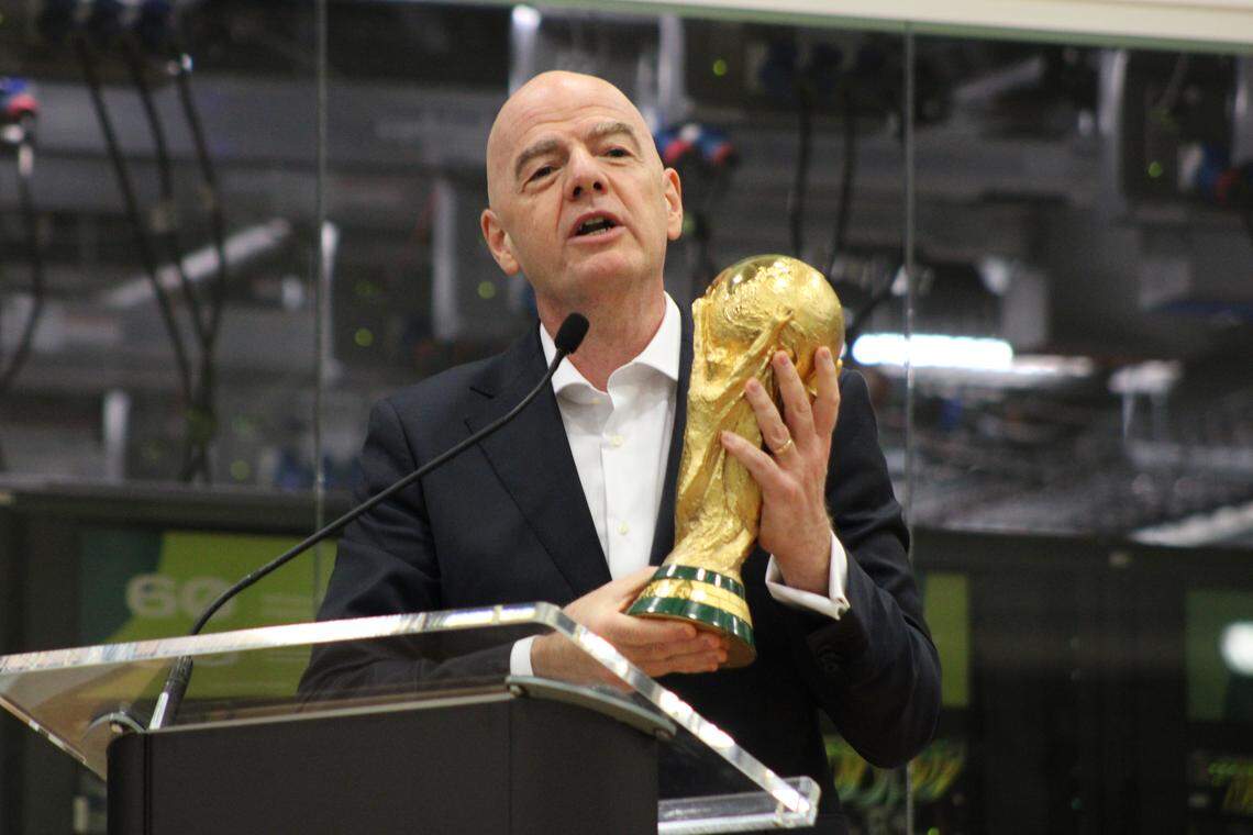 FIFA president Gianni Infantino speaks at the opening ceremony for the 2026 FIFA World Cup International Broadcast Center at the Kay Bailey Hutchison Convention Center on Monday in Dallas. Nick Harris/Fort Worth Star-Telegram