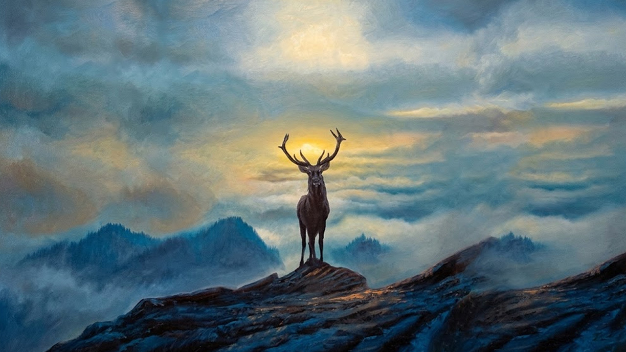 Easy oil painting of deer on peak mountain for nature art lovers