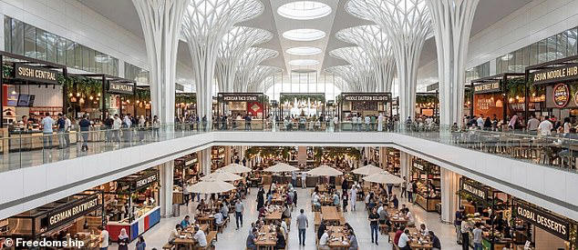 A two-storey food court is among the many dining options available on board