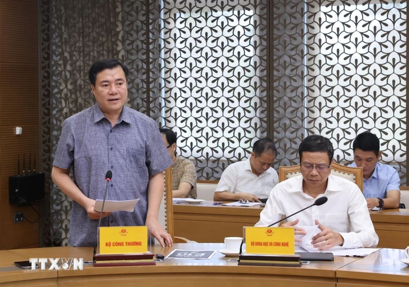 Thứ trưởng Bộ Công Thương Nguyễn Sinh Nhật Tân báo cáo về tình hình triển khai, phân phối xăng E10. (Ảnh: Lâm Khánh/TTXVN)
