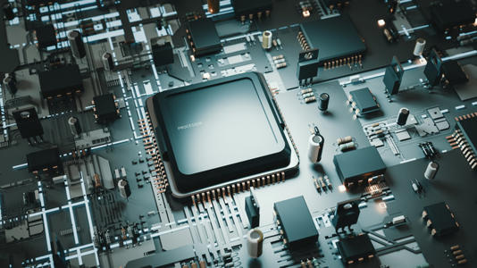 A stylized close-up rendering of a computer processor mounted on a motherboard.