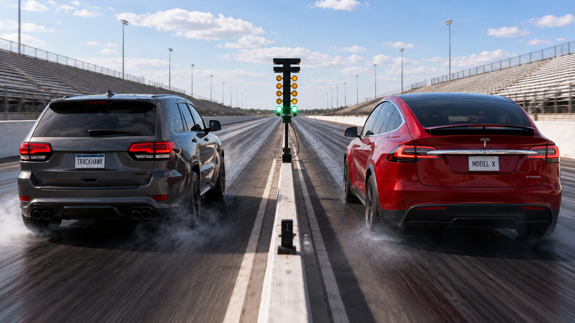 Is Tesla Model X P100D faster than Jeep Trackhawk in drag race?