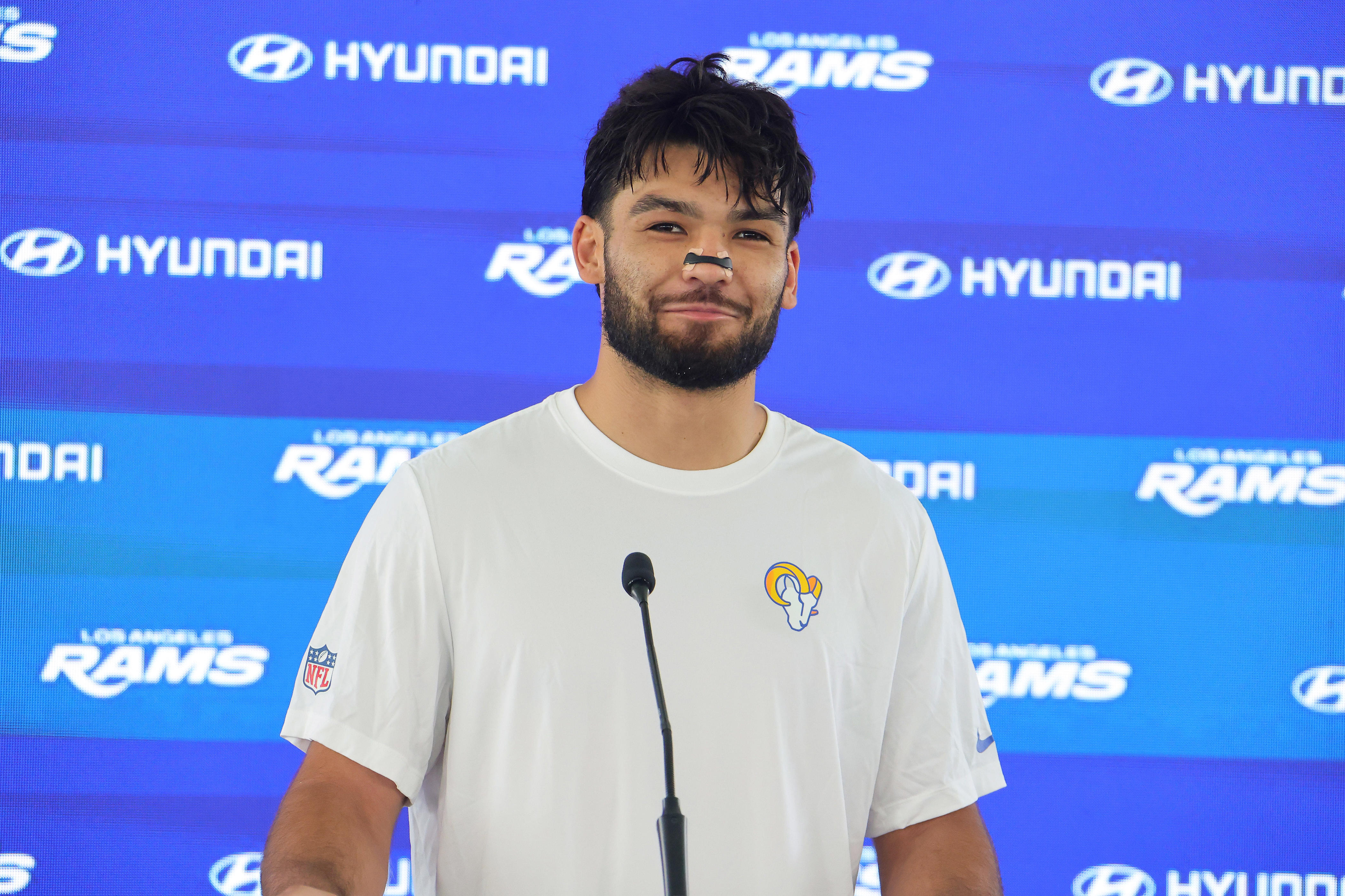 WOODLAND HILLS, CALIFORNIA - MAY 28: Puka Nacua #12 of the Los Angeles Rams smiles during a press conference after an organized team activities workout at Rams Village at the Warner Center on May 28, 2026 in Woodland Hills, California. (Photo by Kevin Terrell/Getty Images)