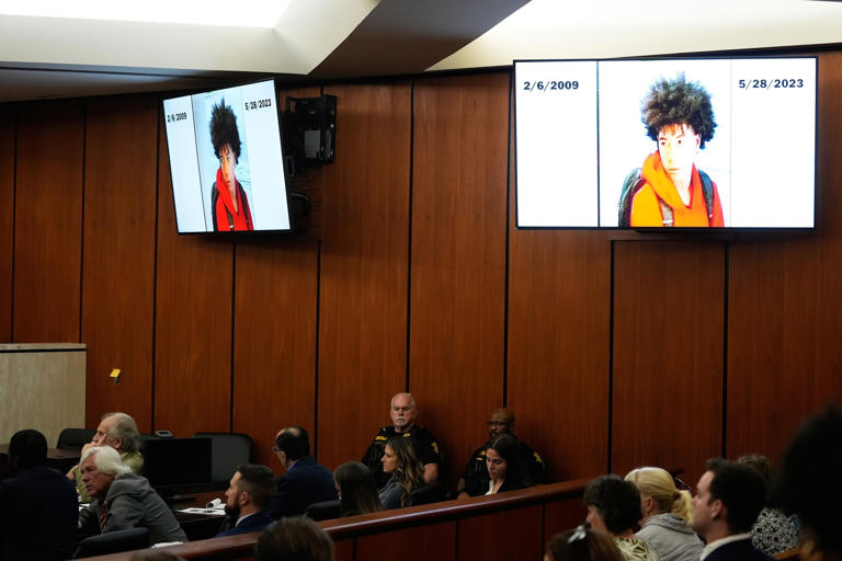 Erik Verduzco/AP Photo - PHOTO: An image of Cyrus Carmack-Belton is displayed in court during the murder trial against his shooter, Chikei Rick Chow, a convenience store owner accused in the 2023 fatal shooting of the 14-year-old, on June 1, 2026, in Columbia, S.C.