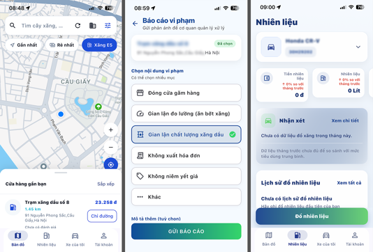Các tính năng chính của app: tìm cửa hàng theo bộ lọc (ví dụ E5), báo cáo vi phạm của một cửa hàng, theo dõi chi phí nhiên liệu cho phương tiện cá nhân. Ảnh chụp màn hình