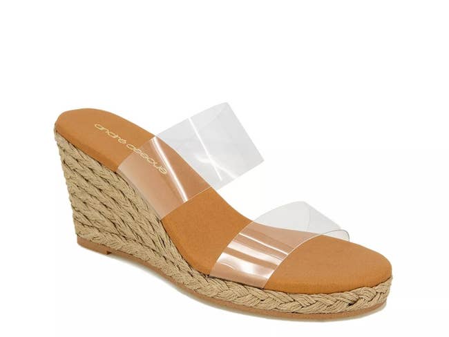 Wedge sandal with clear straps and jute sole, suitable for casual summer wear