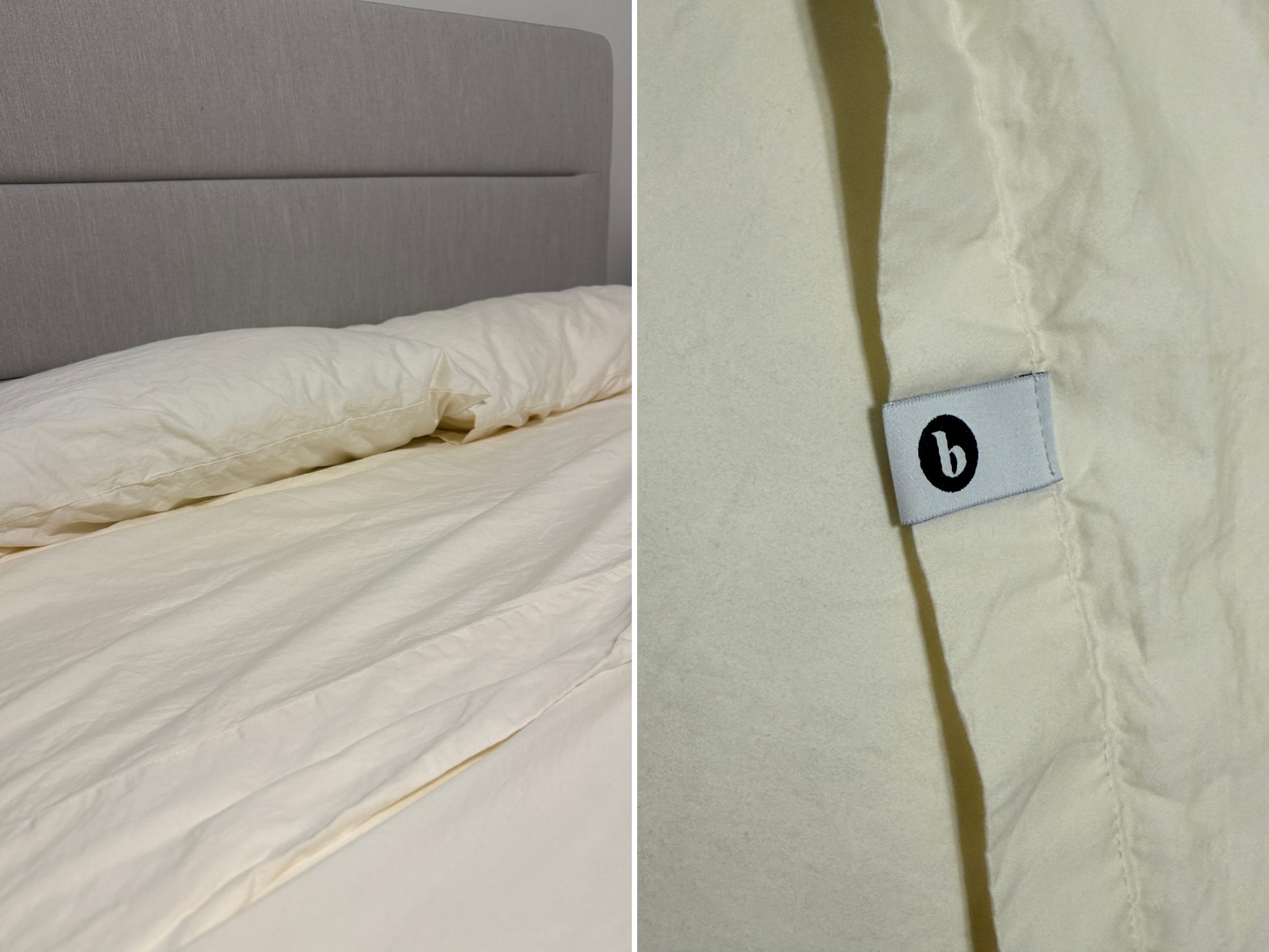 side by side of the sheets on a bed and the new b tag