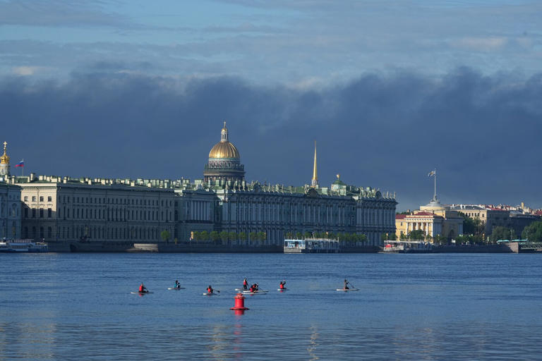 Plumes of black smoke are seen over St.Petersburg, Russia, Wednesday, June 3, 2026, after a Ukrainian drone attack. (AP Photo)