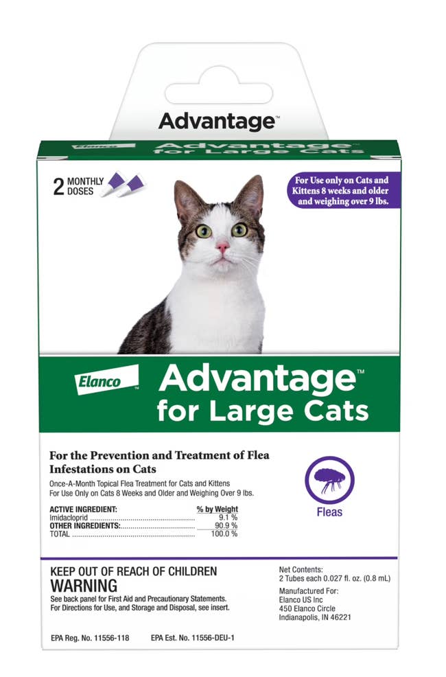 Image of an Advantage flea treatment box for large cats over 9 lbs, showing dosing information and warnings about children's safety