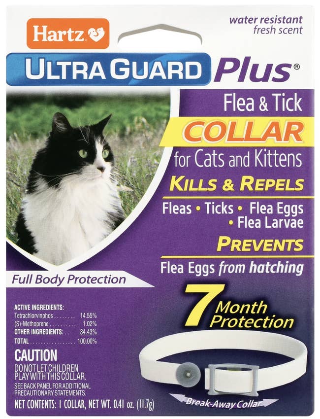 Hartz UltraGuard Plus flea collar packaging for cats, featuring benefits like 7-month protection and preventing flea eggs from hatching