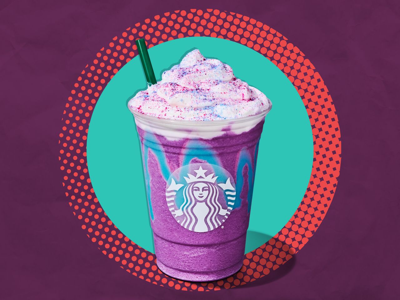 Starbucks Unicorn Frappuccino on a purple, red, and teal background