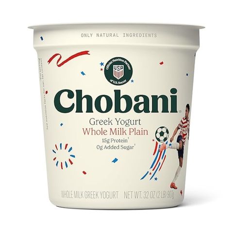 Container of Chobani Greek yogurt with festive branding featuring soccer imagery
