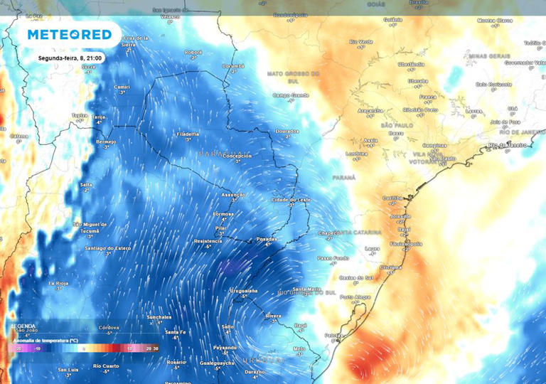 Previsão de anomalia de temperaturas em 850 hPa na segunda-feira de noite mostra uma massa de ar frio começando a avançar pelo Brasil na retaguarda da frente fria ocasionada pelo ciclone.