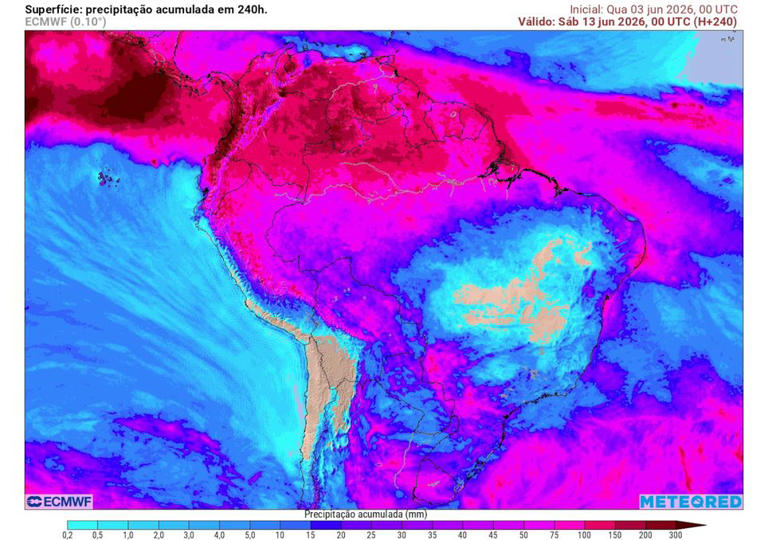 Previsão de acumulados totais de chuva até a sexta-feira da semana que vem mostra as áreas com maior potencial para registrar volumes significativos após a formação do ciclone.
