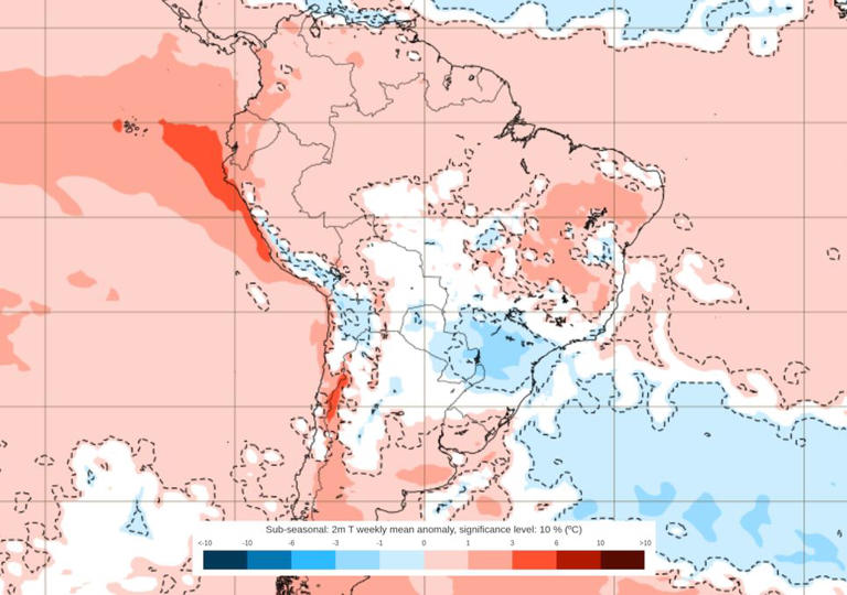 Previsão de anomalias de temperaturas entre os dias 8 e 15 de Junho ilustra a atuação da nova massa de ar frio que avançará sobre o Brasil ao longo de toda a semana que vem. (ECMWF)