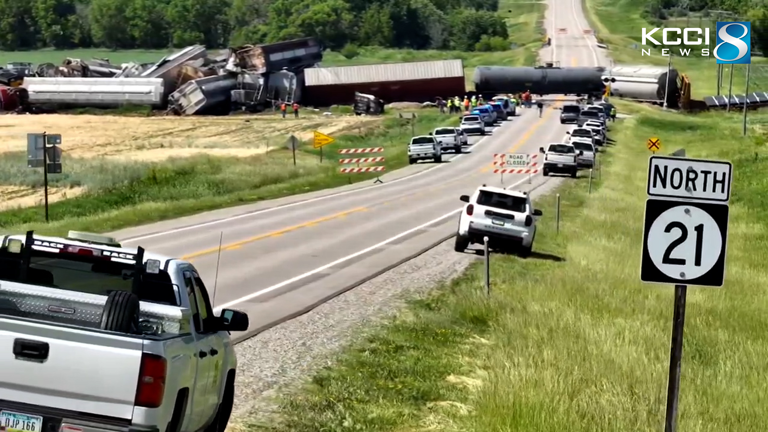 Photos: More than 20 rail cars left the tracks after Iowa Interstate crash