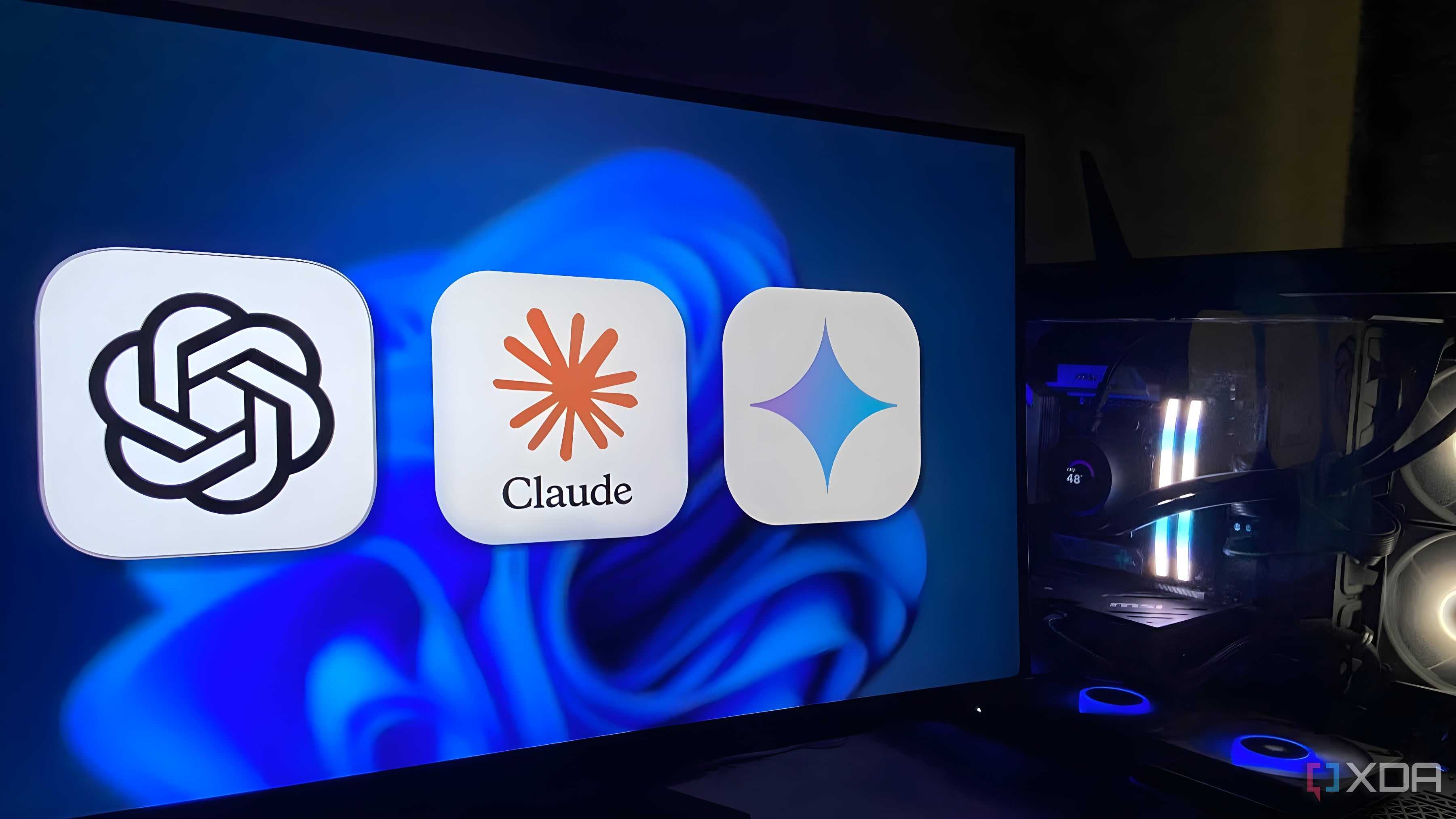 Icons of ChatGPT, Gemini, and Claude on a Desktop PC.