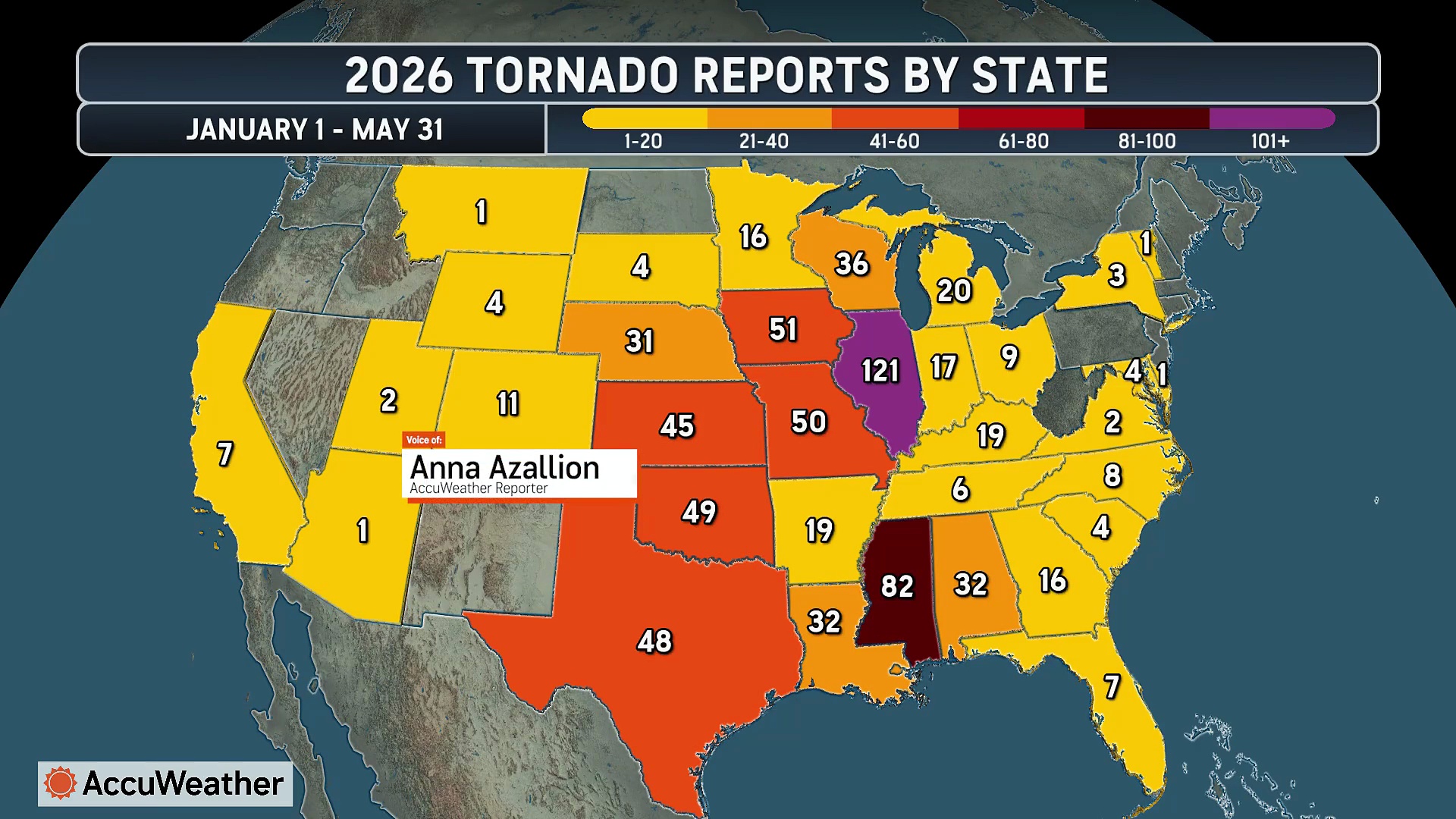 Illinois has the most tornado reports in the US in 2026