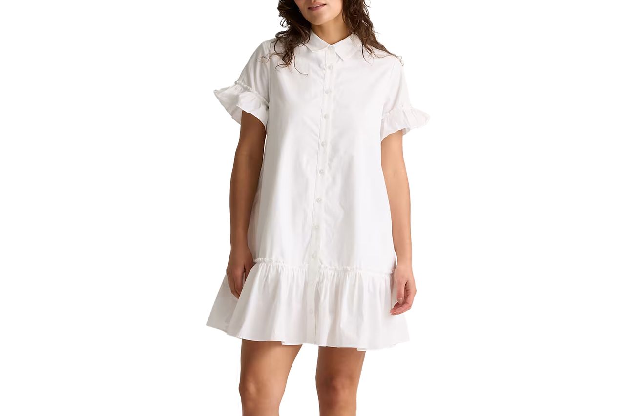 100% Organic Cotton Poplin Short Sleeve Ruffle Shirt Dress