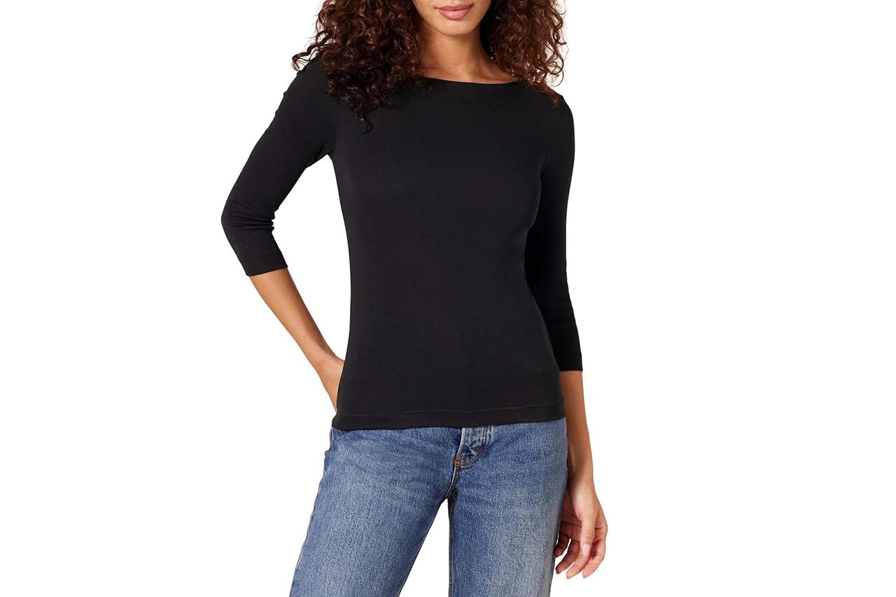 Amazon Essentials Slim-Fit 3/4 Sleeve Boat Neck Cotton Modal Micro Rib T-Shirt