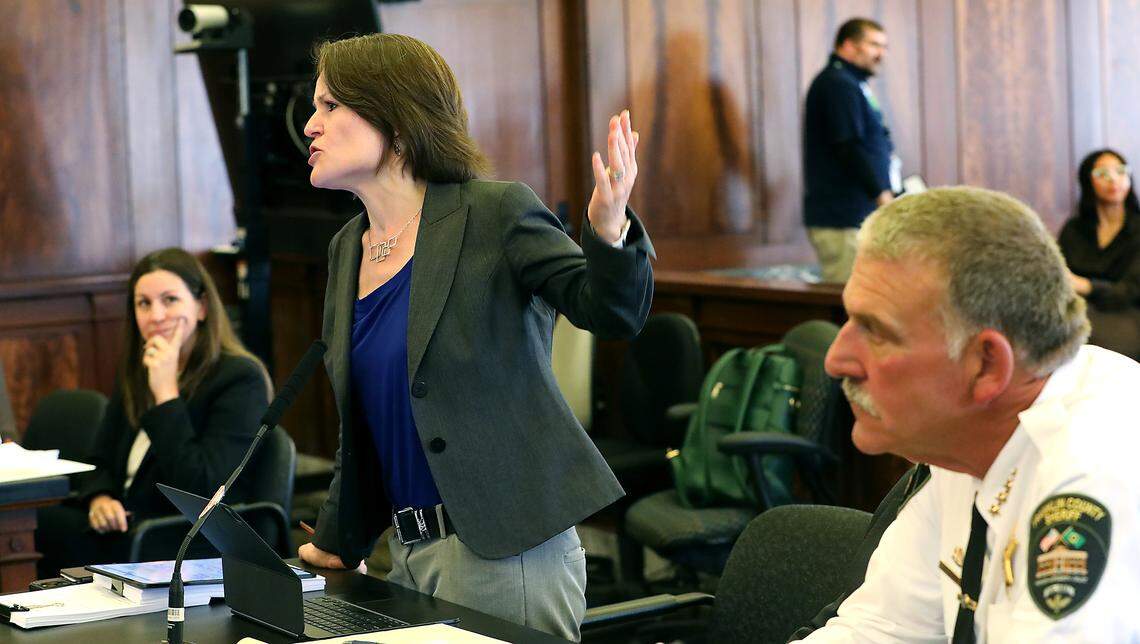 Rebecca Boatright, an attorney representing Franklin County Sheriff Jim Raymond, makes a point while presenting her arguments to Walla Walla Superior Court Judge Brandon Johnson during Wednesday's court hearing at the Franklin County Courthouse in Pasco. Bob Brawdy/bbrawdy@tricityherald.com