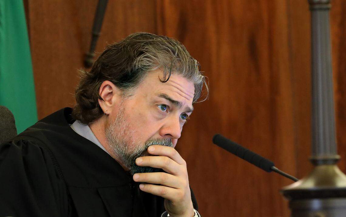 Walla Walla Superior Court Judge Brandon Johnson conducts Wednesday's court hearing at the Franklin County Courthouse in Pasco. Bob Brawdy/bbrawdy@tricityherald.com