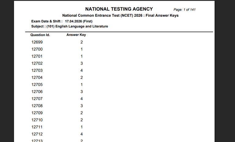 NCET final answer key 2026 released at exams.nta.nic.in: Direct link to ...
