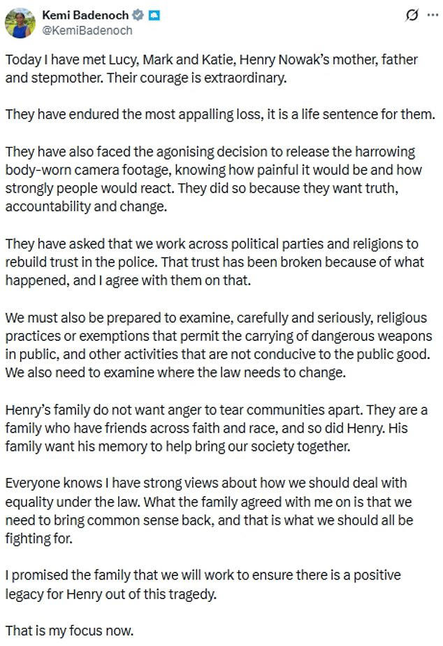 Kemi Badenoch insisted Henry Nowak's family want to 'rebuild trust' in the police today after meeting his bereaved parents