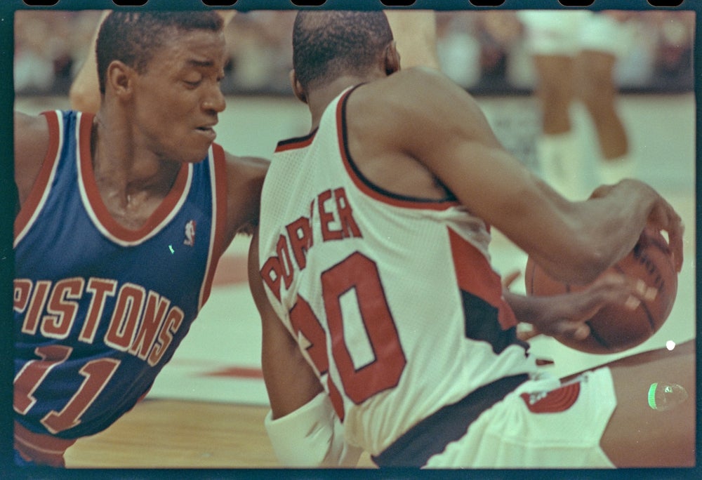 06/10/1990; Portland, Oregon, USA; Pistons'' Isiah Thomas and Trailblazers' Terry Porter vie for the ball in game three of the NBA Finals, Mandatory Credit: File Photo, Deroit Free Press, USA Today Network