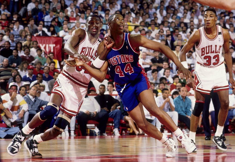 May 1989; Chicago,IL, USA: FILE PHOTO; Chicago Bulls forward Horace Grant (54) battles for position against Detroit Pistons forward Rick Mahorn (44) during the 1988-89 NBA Eastern Conference Finals at Chicago Stadium. The Pistons defeated the Bulls 4 games to 2. Mandatory Credit: MPS-Imagn Images
