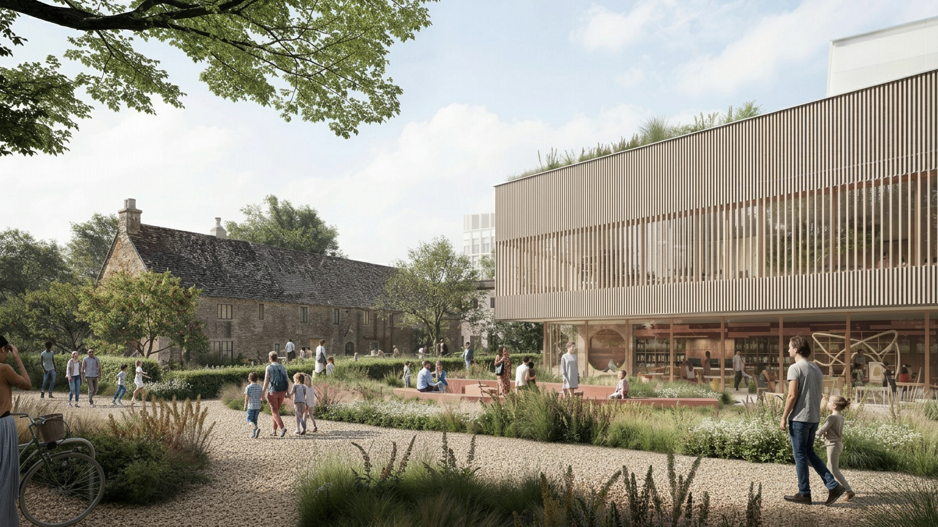 The restored Minchery Farmhouse pub (left) and leisure building will be provided in the first phase of the project