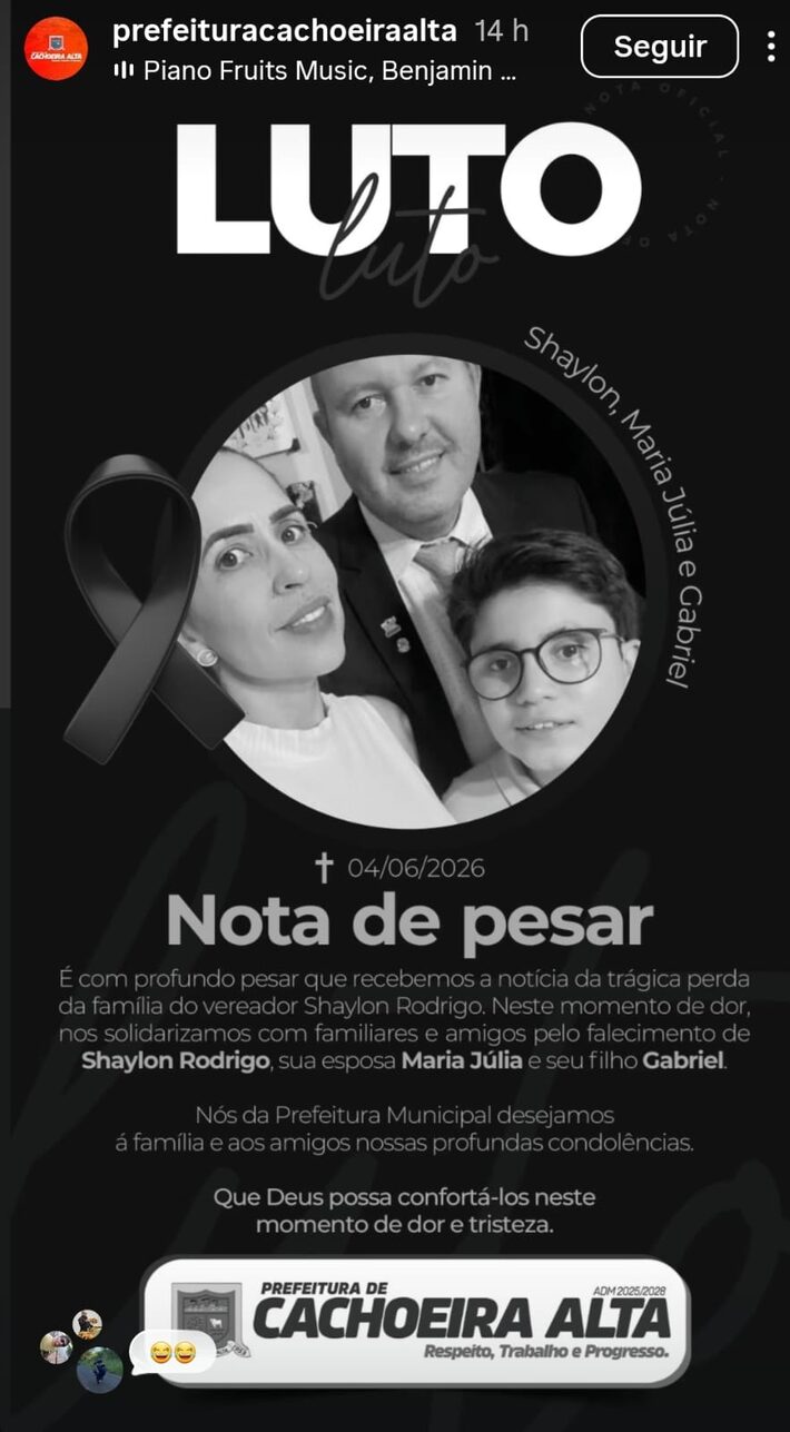 A prefeitura de Alta Cachoeira divulgou nota de pesar pela morte do vereador, sua esposa e filho. Foto: Prefeitura Alta Cachoeira/Reprodução