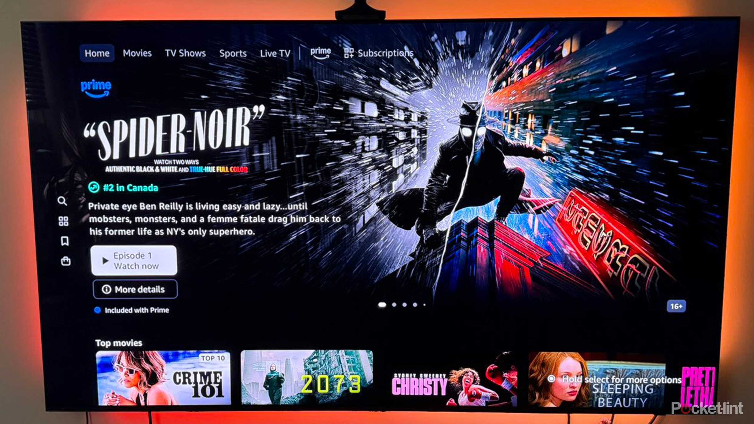 Spider-Noise banner on Amazon Prime Video in half color and half black and white.