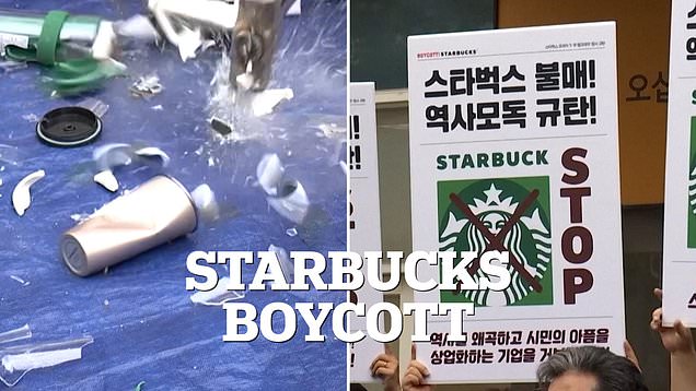 South Koreans smash Starbucks tumblers in company boycott | Watch