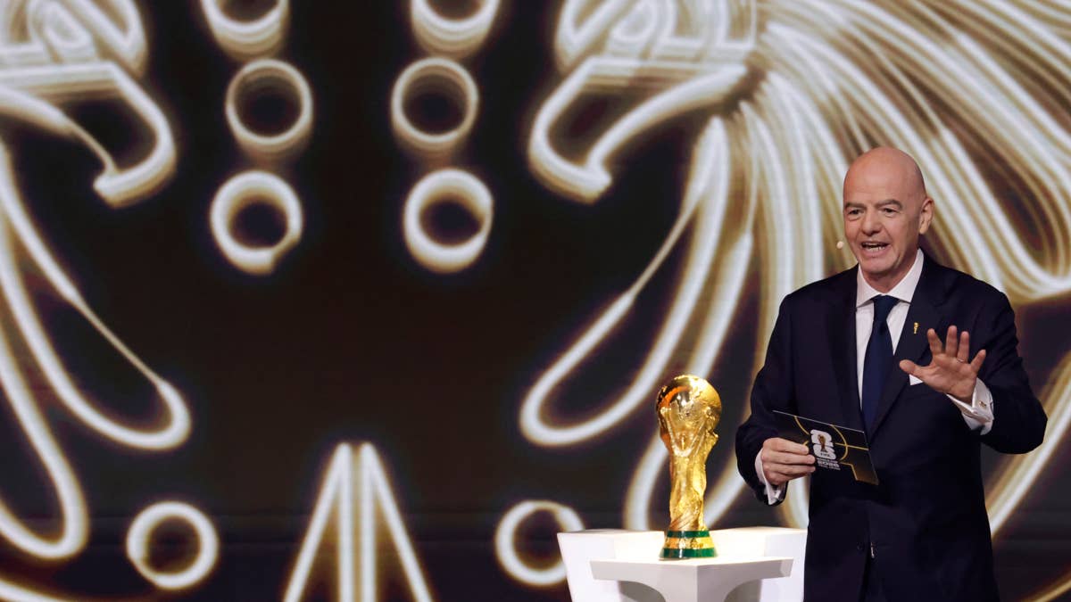 FIFA President Gianni Infantino speaks during the FIFA World Cup 2026 Final Draw Amber Searls-Imagn Images
