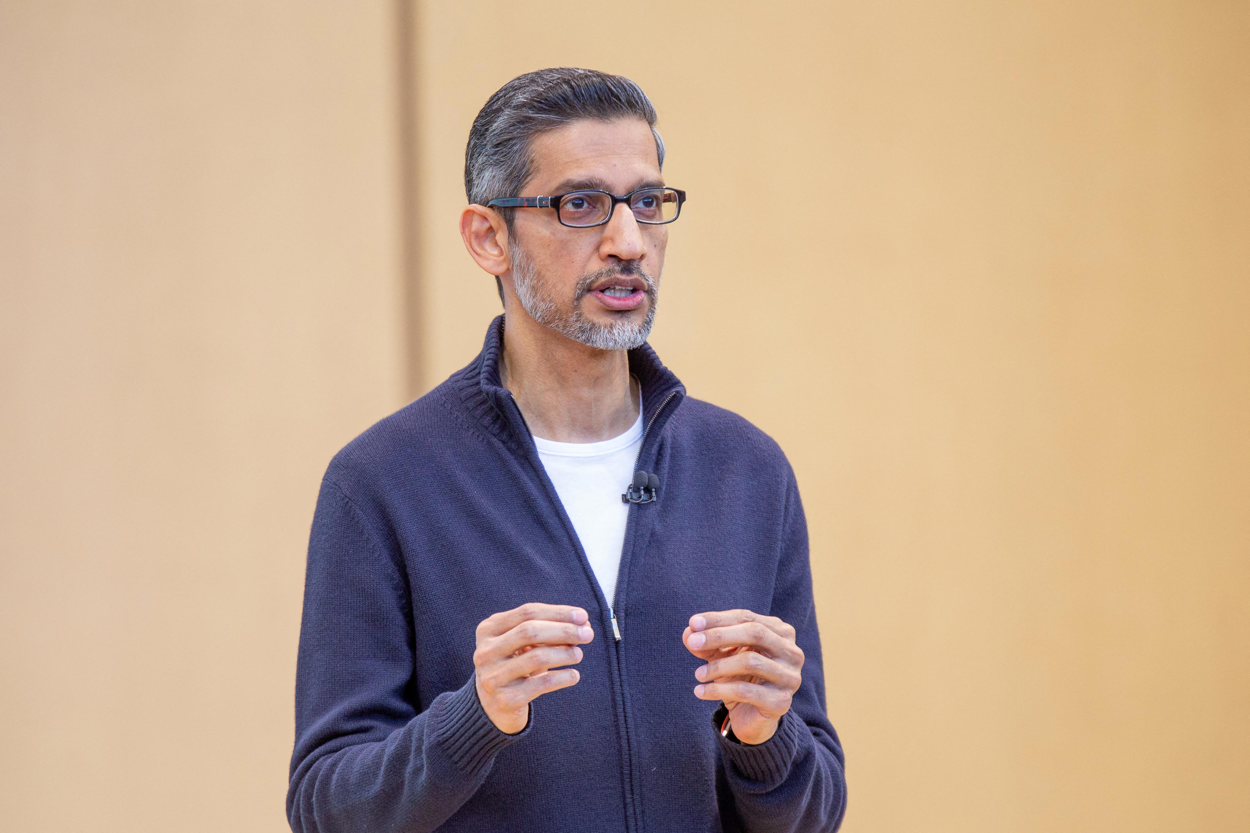 Google CEO Sundar Pichai speaks during a conference.