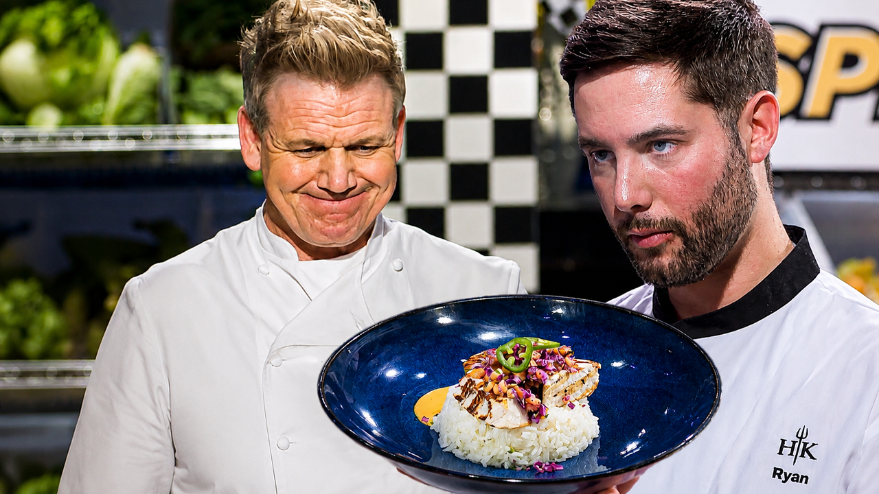 Gordon Ramsay judges seafood dishes in the Grand Prix challenge