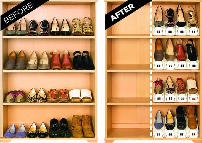 A before/after of shelves showing the shoes stacked on each other using the Shoe Slots, so the pairs take up half as much space