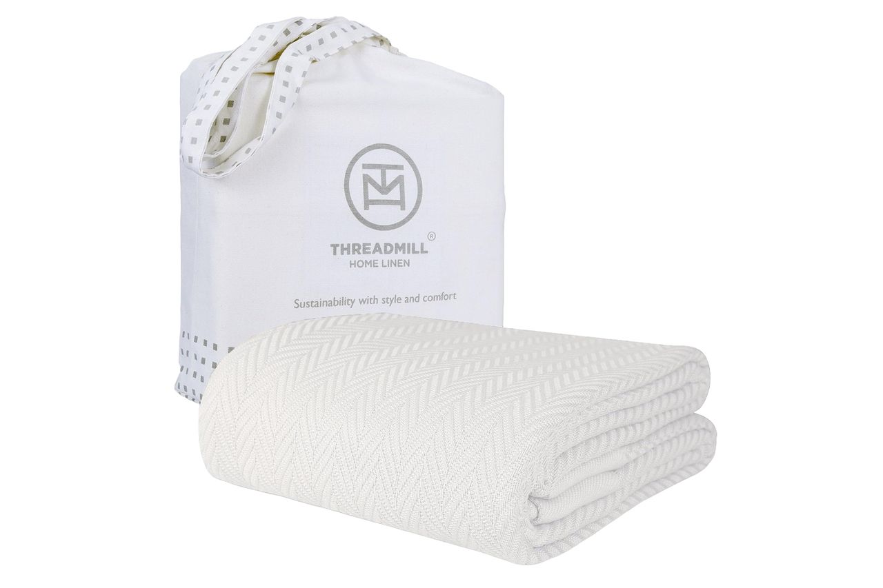 Threadmill Luxury Cotton Blankets for Queen Size Bed | All-Season 100% Cotton Queen Size Blanket | Herringbone Cozy, Soft Breathable Fall Thermal Blanket fits Full Size Bed | Tusk White