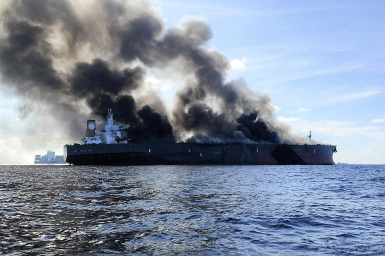This 2023 photo released by the Malaysian Maritime Enforcement Agency shows the tanker MT Pablo after the vessel caught fire off Malaysia's southern coast.