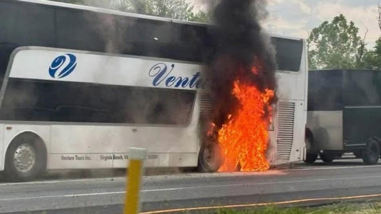 Charter bus catches fire after tire blows out on Maryland interstate ...