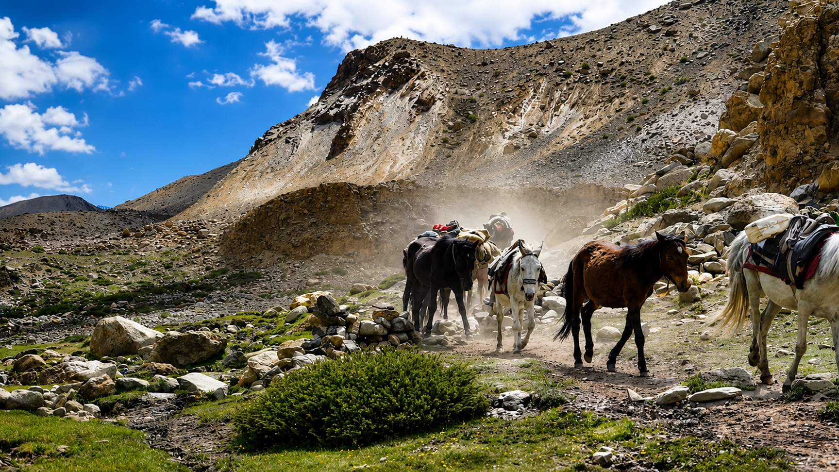 Pack Horses Crossing India Remote Himalayan Mountain Trails