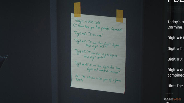 Note with keypad puzzle solution in 007 First Light