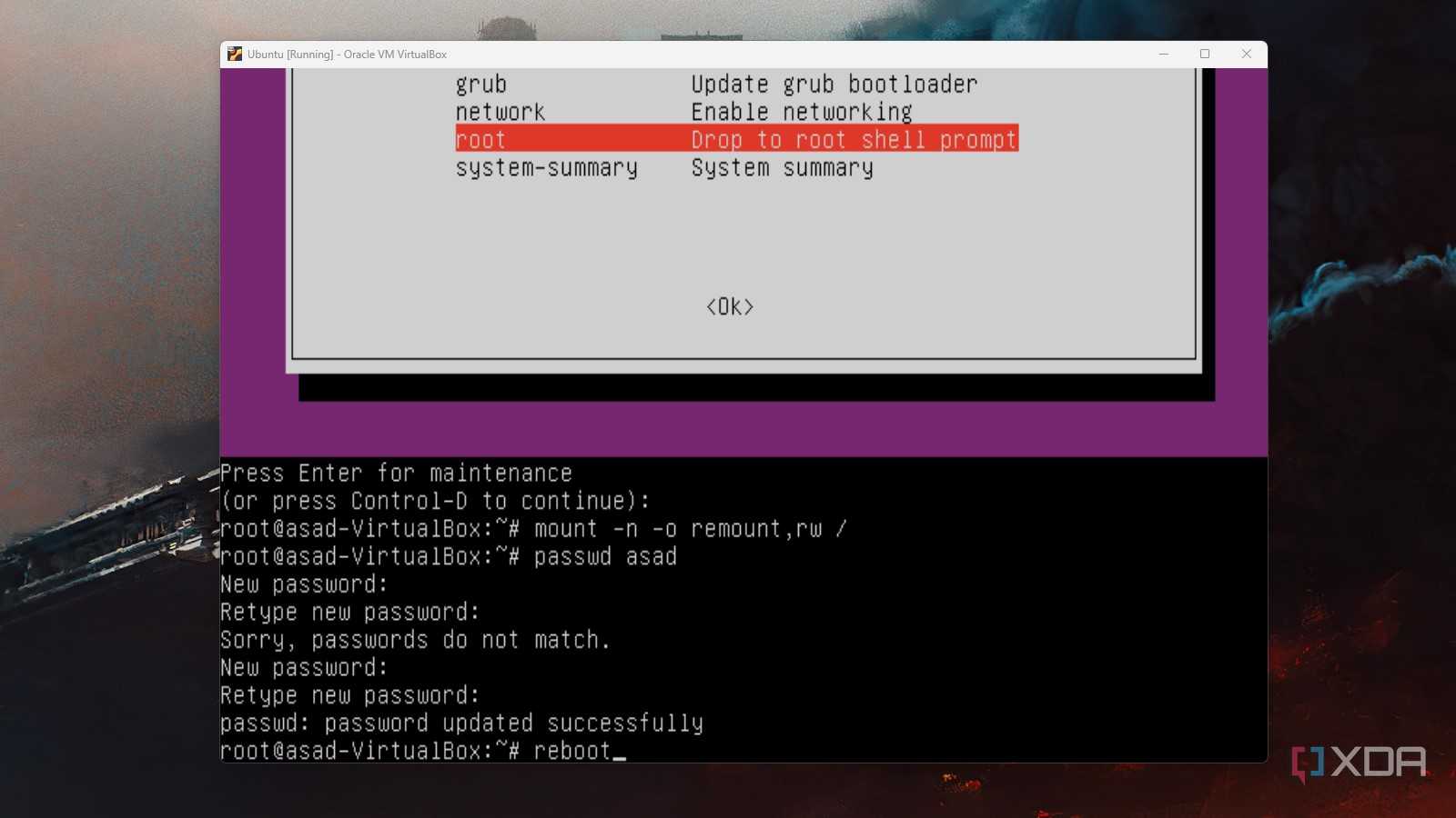 An Ubuntu screenshot highlighting the reboot command in the grub boot loader terminal