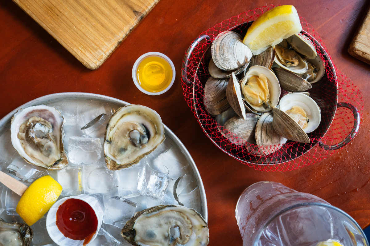 Spread of seafood dishes at Ship Bottom Shellfish