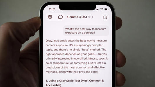 A Gemma 3 chatbot responds to a question about camera exposure.