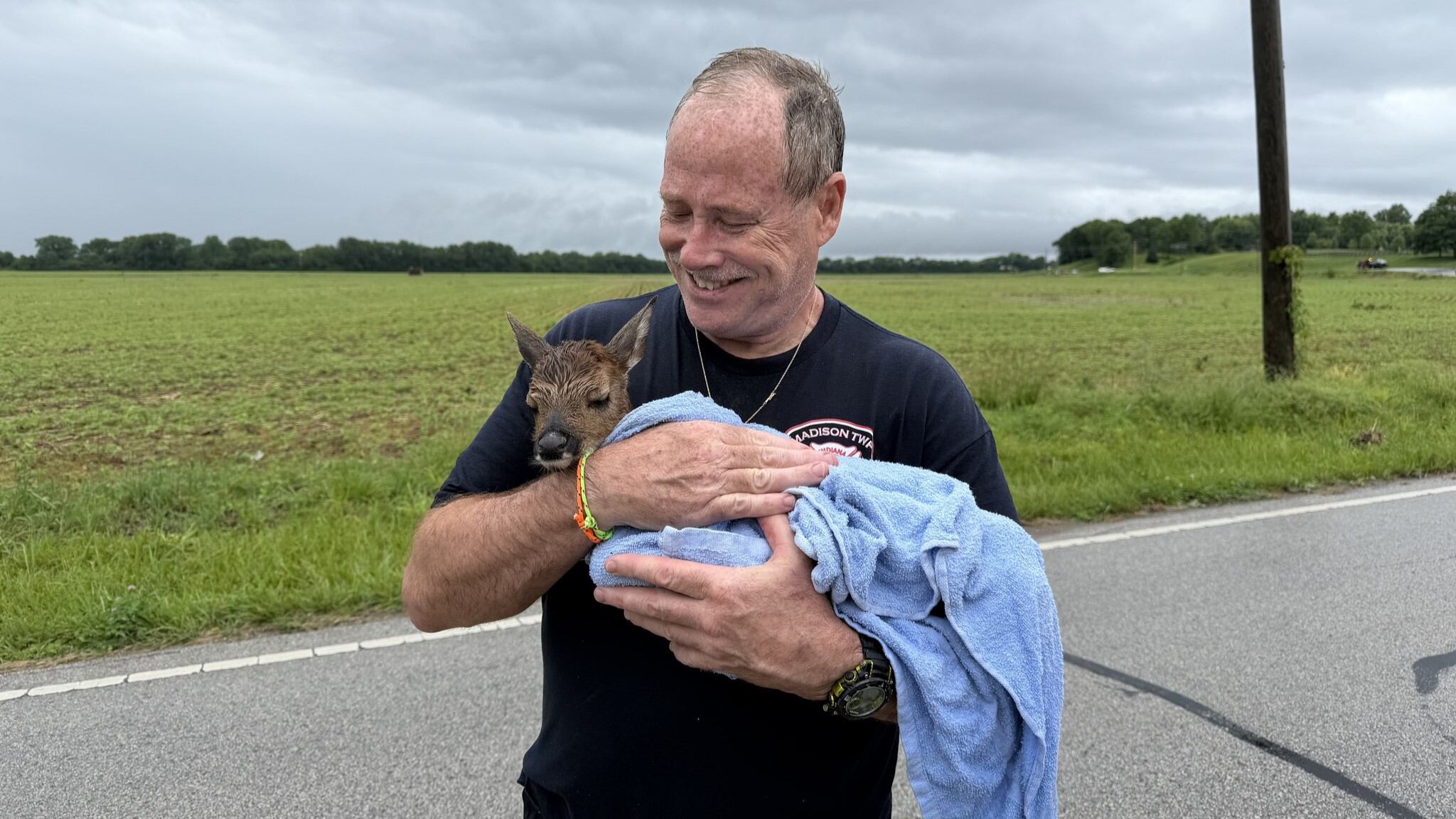 Fire department rescues baby deer from fast-moving floodwaters