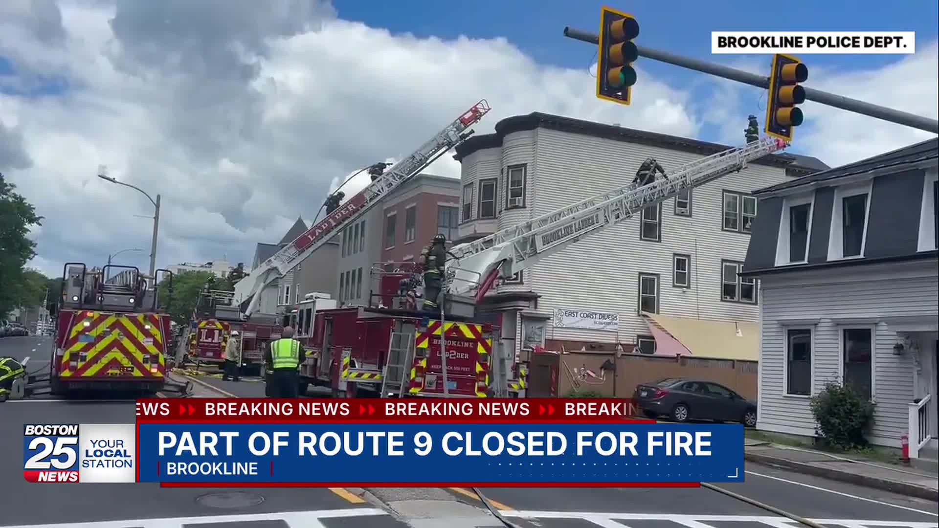 Route 9 closed in Brookline as crews battle triple-decker fire
