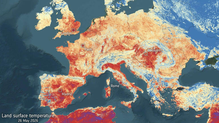 Mapa de Europa durante una ola de calor (Copernicus Sentinel/ESA/CC BY-SA 3.0 IGO)