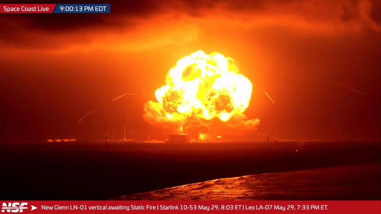 Huge explosion in Florida as Blue Origin rocket bursts into flames